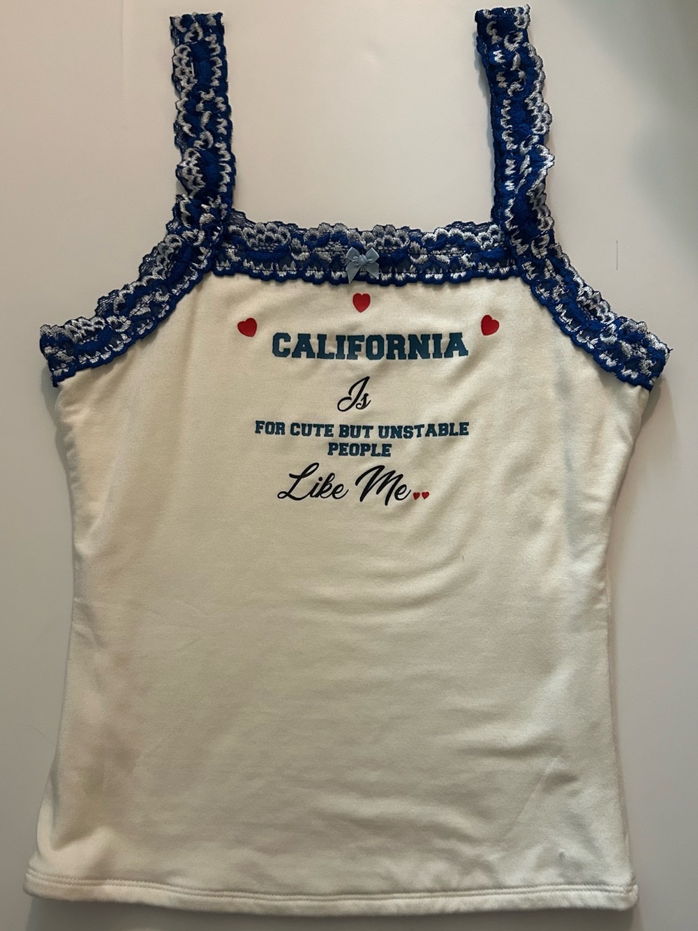 omighty White Cami with Blue Lace Trim and Red Heart Accents